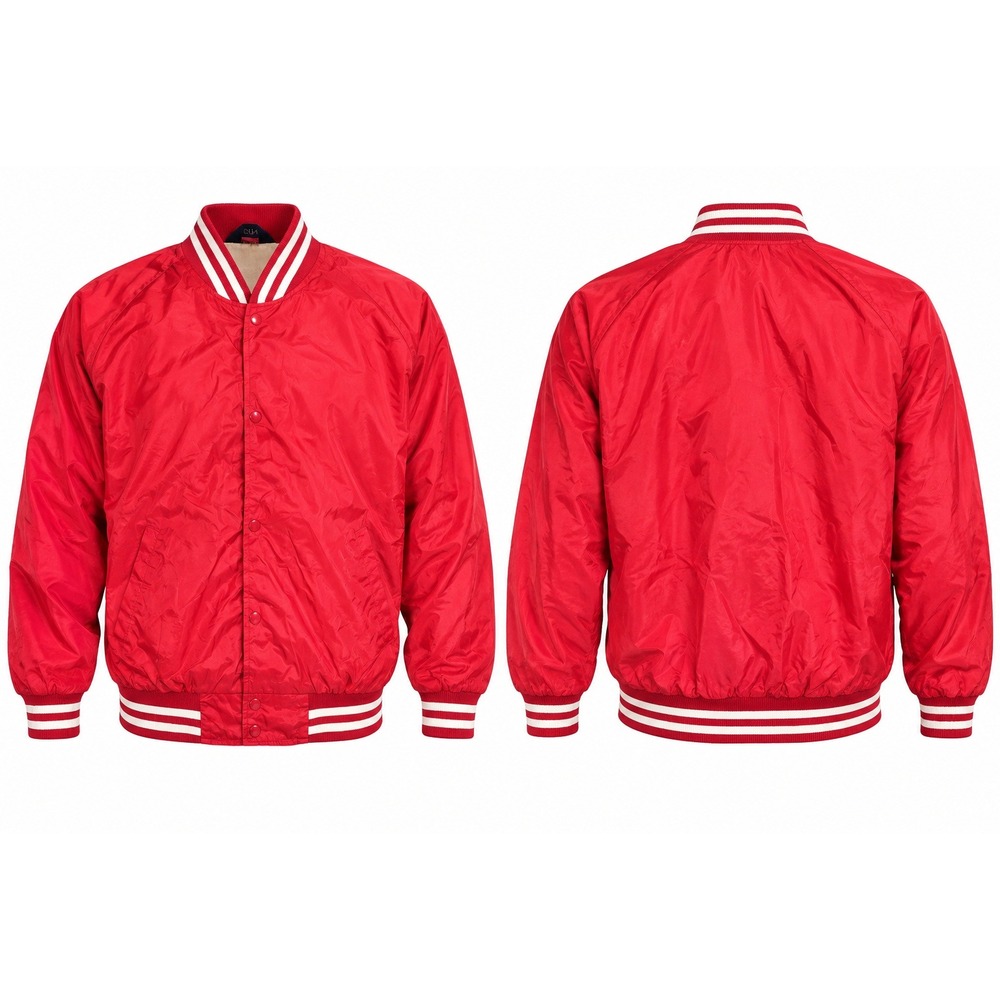 Vintage Trax Red Nylon Varsity Bomber Jacket Mens XL Striped Trim Windbreaker